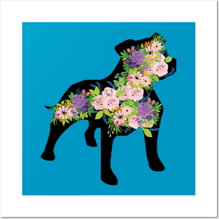 Floral Staffordshire Bull Terrier Silhouette Posters and Art